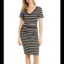 BP Black and White Striped Bodycon Ruched Dress, Size Small