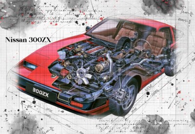 Line Tech Zeichnung Nissan 300ZX Auto Auto Classic Cutaway Kunst Poster Druck