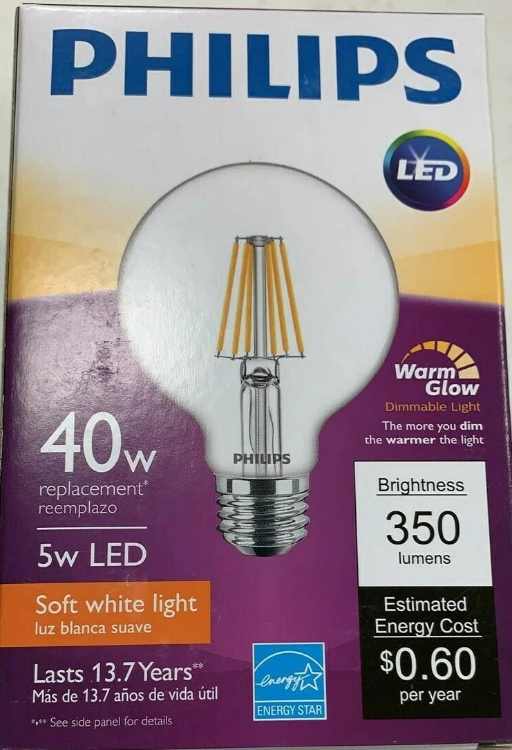 Philips LED Bulb Warm Glow Medium Base Dimmable Soft White 5W 350 Lum G25 8 Pack