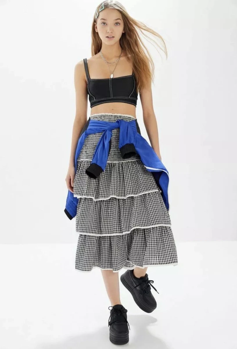 NWT 70 Urban Outfitters Smocked Tiered Ruffle Gingham Midi Maxi Skirt Size M