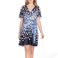 Tahari S 6 Navy Blue White Cold Shoulder Fit Flare Wrap dress Career Chic EUC