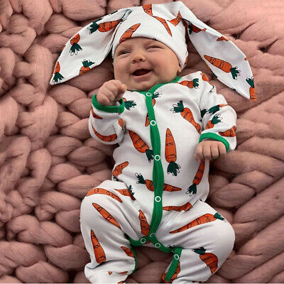 Rabbit Ears Hat Set general3 Infant Baby Boys&Girls Cartoon Carrot Print Long Sleeve Romper Jumpsuit 
