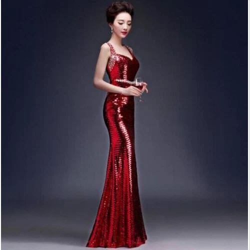 Womens Sexy Sequins Mermaid Party Ball Gown Fishtail Double Shoulder Long Dress - Picture 21 of 24