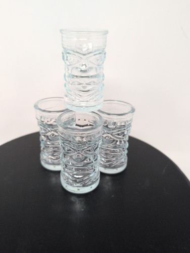 Lot Of 4 Clear Glass Tiki Cup Glasses Barware Embossed Hawaiian MCM Style