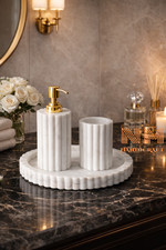 Luxury Handcrafted White Marble Bathroom Set, 3 Piece Ribbed Fluted Design gold