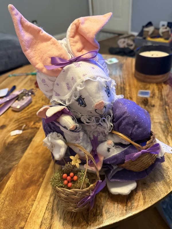 Handmade Rabbit with Clothes and Baby Rabbits In Basket