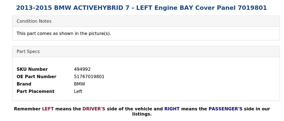 2013-2015 BMW ACTIVEHYBRID 7 - LEFT Engine BAY Cover Panel 7019801 - Image 3 of 4