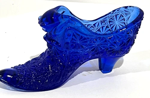 Vintage Fenton Cobalt Blue Cats Head Daisy & Button Glass Shoe