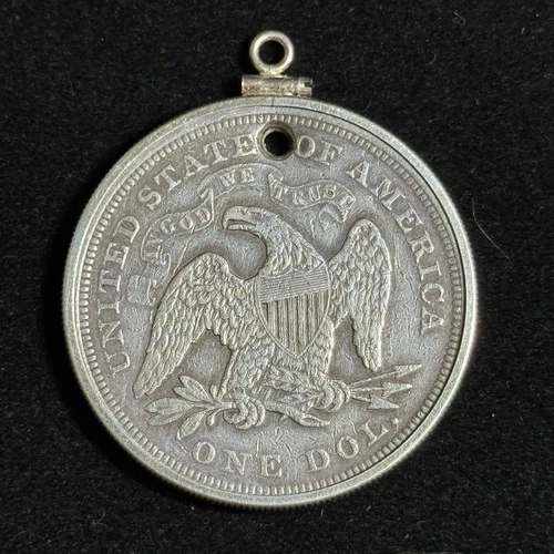 Seated Liberty Dollar Silver Coin W/ Sterling Bezel & Bail Holed