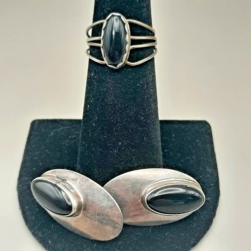 Vintage Southwest Sterling Silver & Onyx Ring Sz 5.75 & Pierced Earrings Set