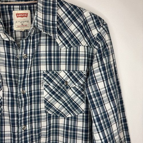 Levi’s Mens Pearl Snap Teal Blue Plaid Western Flap Pockets Long Sleeve Shirt M - Picture 4 of 19
