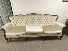 Italian Provincial Carved Wood and Upholstered Sofa Couch Part Of 2 Piece Set