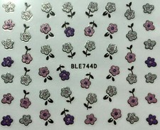Nail Art 3D Glitter Decal Stickers Pink Purple & Silver Flowers BLE744D