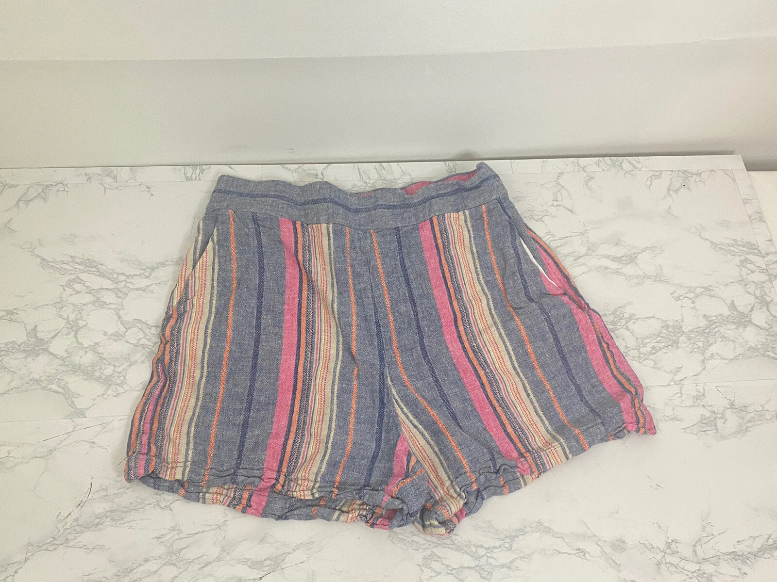 Cremieux Womens Linen Zip Pull On Casual Shorts Womens M Pink Gray Striped Q1