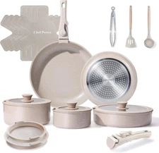 Ceramic Nonstick Pots and Pans Set 19 Piece with Detachable Handle, Induction Di