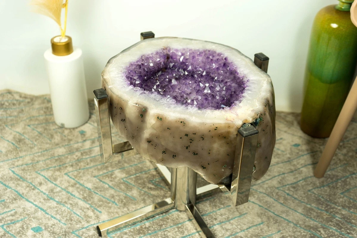 Lavender Purple Amethyst with Agate Side Table on Handmade Inox