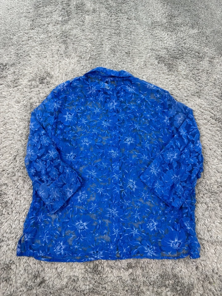 BonWorth Top Womens Large Petite Royal Blue Floral Sheer Nylon Button Up Blouse - Image 2 of 4