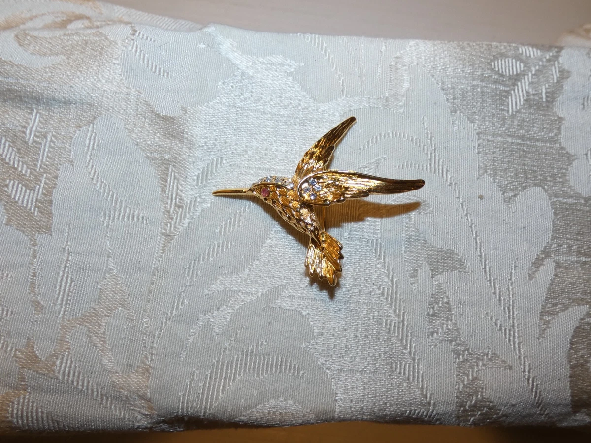 Vintage Gold Tone Metal Hummingbird Brooch, Small Rhinestones