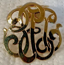 Scroll Monogram Design Gold Tone Metal Victorian Scarf Clip Brooch Vintage