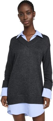 $395 Cinq à Sept Santina Layered Sweater Dress | Charcoal/Rain Cloud | S