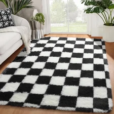 KICMOR Area Rugs for Bedroom Living Room, 4x6 Black and White Fluffy Soft Checke