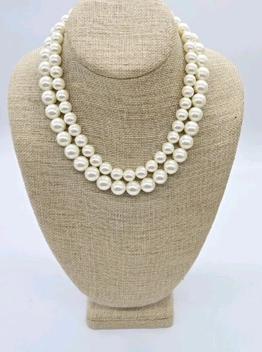 OFF WHITE Collana girocollo perle finte stratificate 2 supporti 16 in tono oro bianco sporco vintage