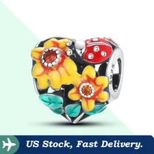 KUNSIR Sterling Silver Charm For Bracelet Sunflower Ladybug Heart Bead Charm DIY