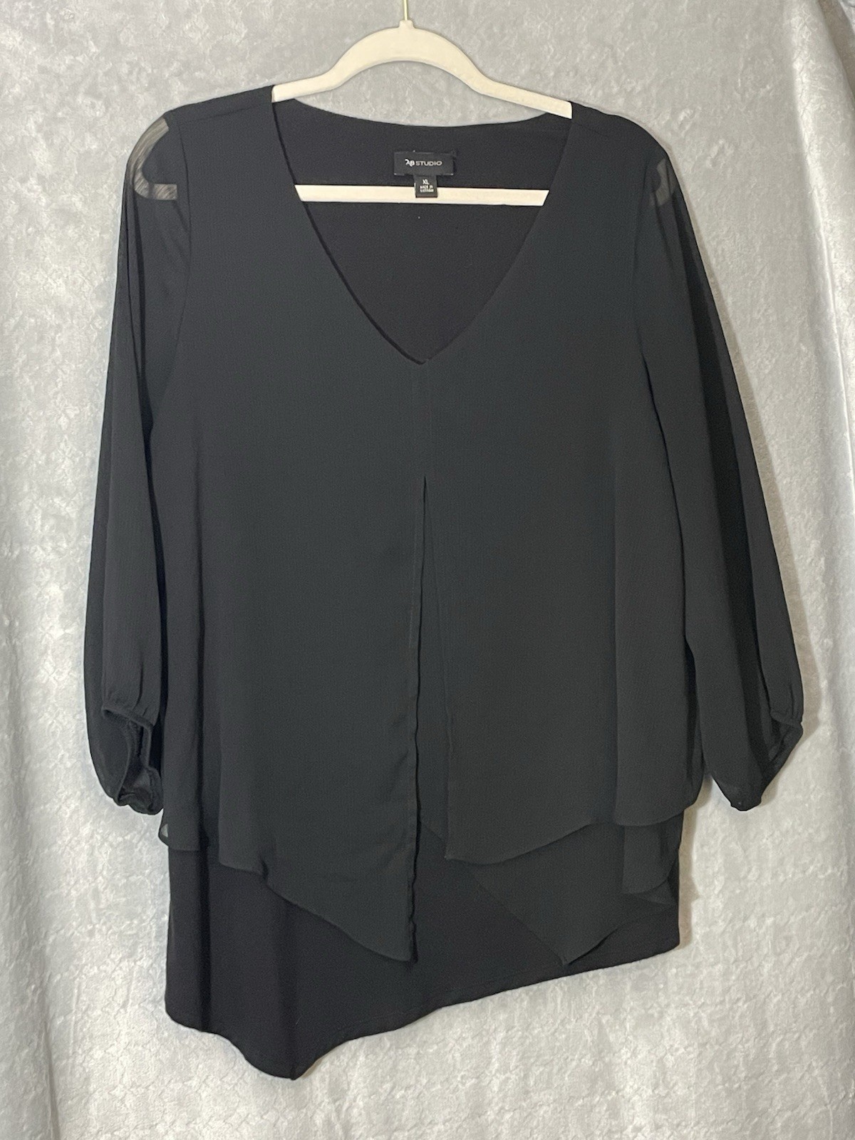AB Studio Womens Black Sheer Blouse with Layered Overlay and Sheer Sleeves XL