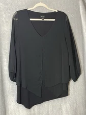 AB Studio Black Sheer Overlay Asymmetrical Hem Blouse Women’s XL Layered Top