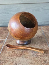 Vintage Hand Carved Wood Salt Cellar Spoon Set Philippines