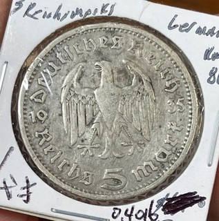 1935 WWII German Nazi 5 Mark Silver Coin 0.4016 OZ ASW High Value
