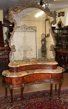 French Louis XV Style Inlaid Walnut Marble Top Etched Mirror Vanity Circa 1920's