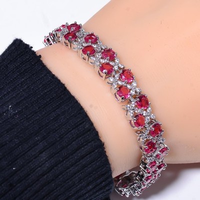 Pink Rubellite Tourmaline & CZ 925 Sterling Silver Tennis Bracelet 7.99'' B142