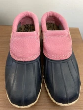LL Bean Boots Rubber Moc Slip on Navy Pink Womens size 7 run large Made in USA