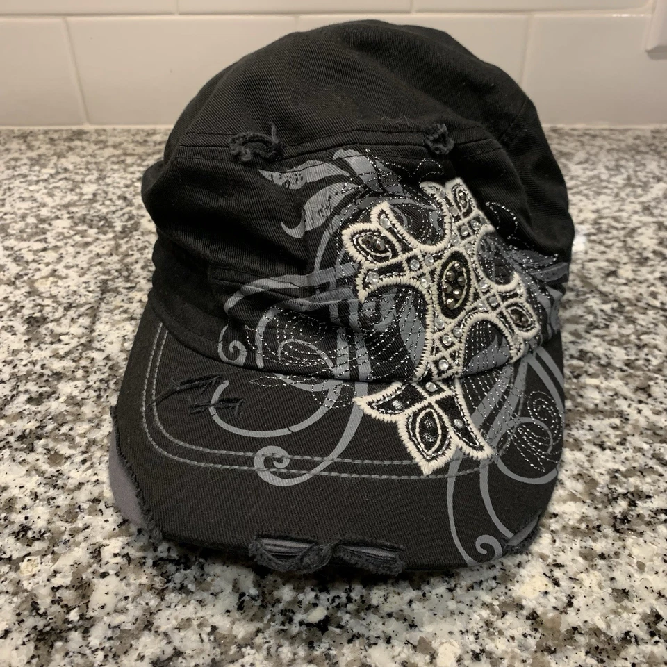 Vintage 2000s Y2K Affliction Ed Hardy Style Cross Tribal Military Hat Cap Black - Image 2 of 4