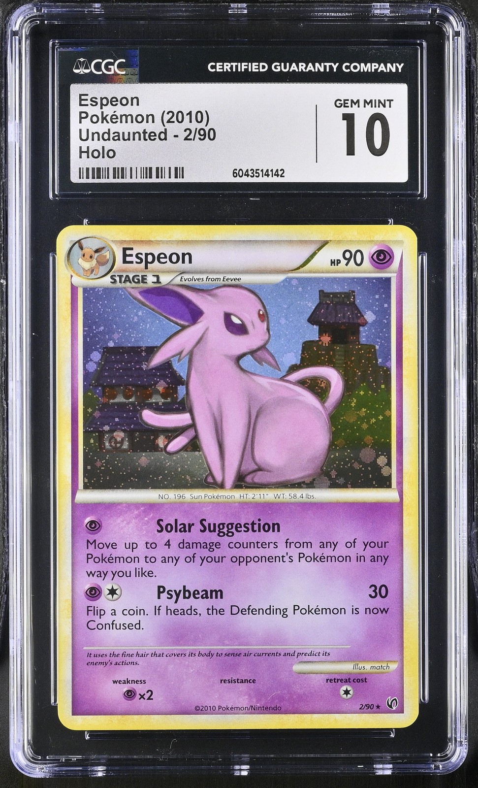 CGC 10 GEM MINT Espeon 2010 Undaunted 2/90 Holo Pokemon Card