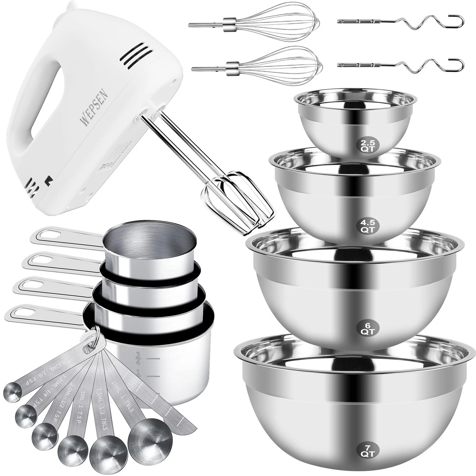 Hand Mixer Mixing Bowls Set, 5 Speeds Handheld Mixer with 4 Nesting Stainless...