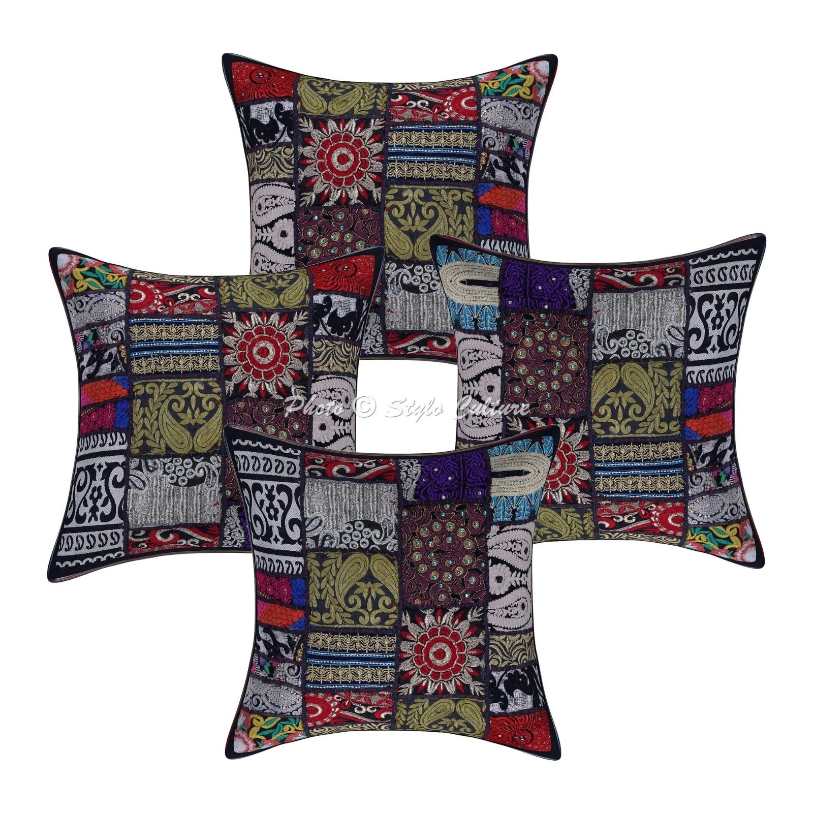 Decorative Cotton Throw Pillow Covers Vintage Patchwork Black Floral Home Decor