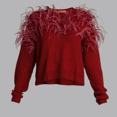 Cinq à Sept Melanie Burgundy Ostrich Feather Wool-Blend Sweater