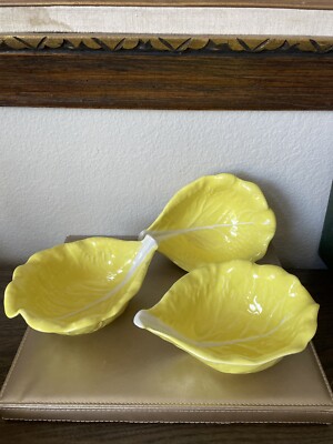 Set of 3 SECLA Bowls Cabbage Lettuce Leaves Majolica 7'' Yellow Made in Portugal