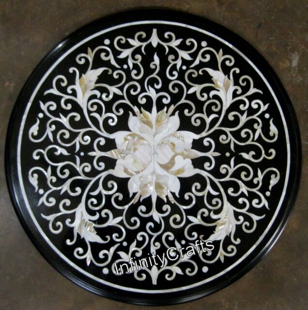 21 Inches Black Round Marble Coffee Table Top Gemstone Inlay Work Center Table