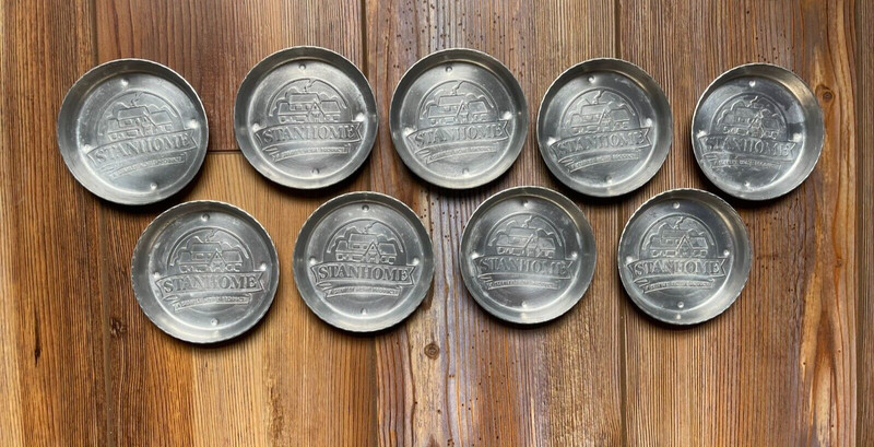NICE SET OF 9 VINTAGE  STANHOME ALUMINUM COASTERS IN GOOD USED CONDITION