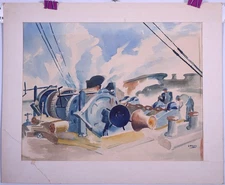 Original G. Rossi Impressionist Watercolor – Men on a Ship, Maritime Art, Signed