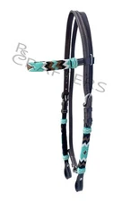 Leather Western Headstall Bridle Browband Hand Braided colourful beads Raw Hide