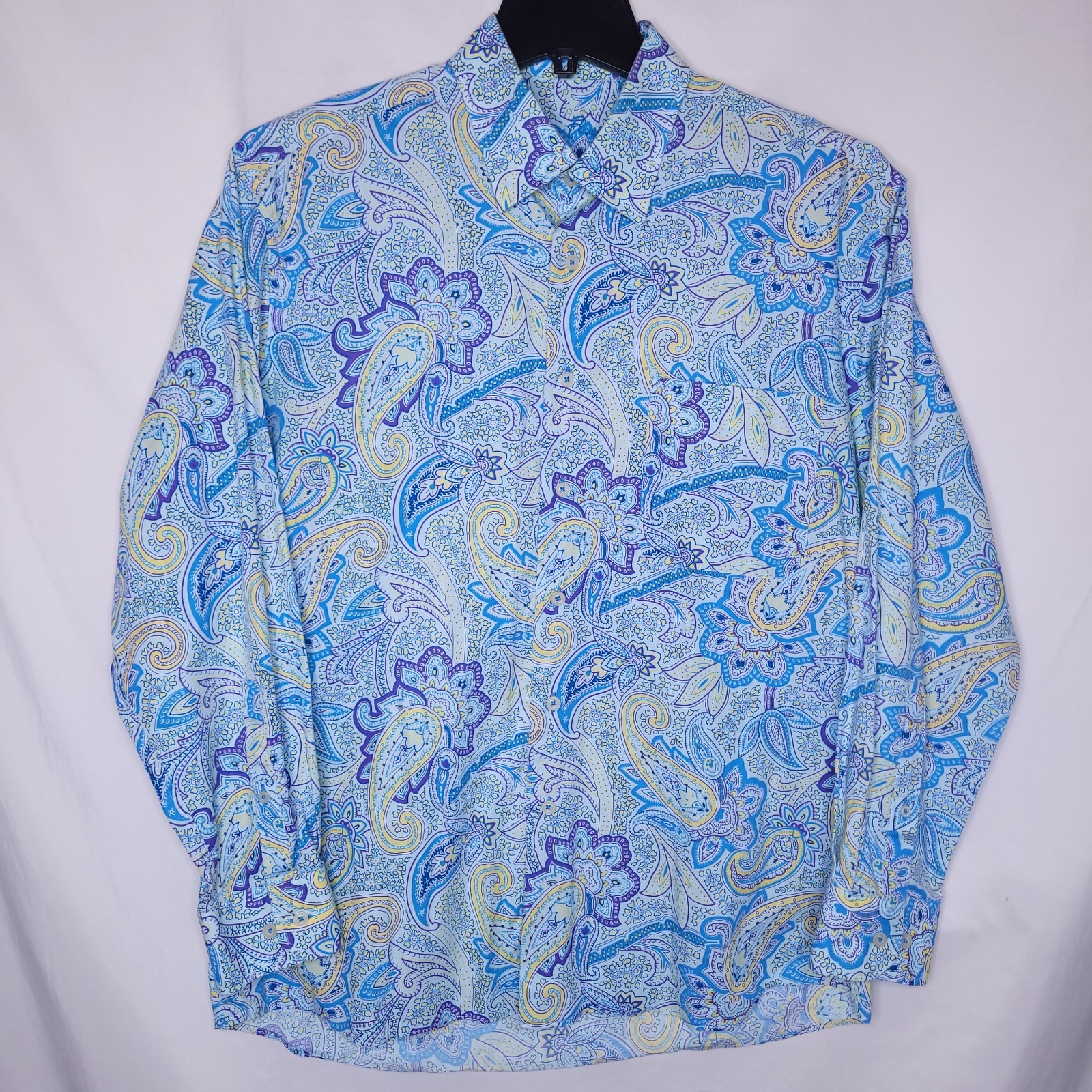 Alan Flusser Shirt Mens Large Paisley Blue, Yellow, Purple AOP Cotton