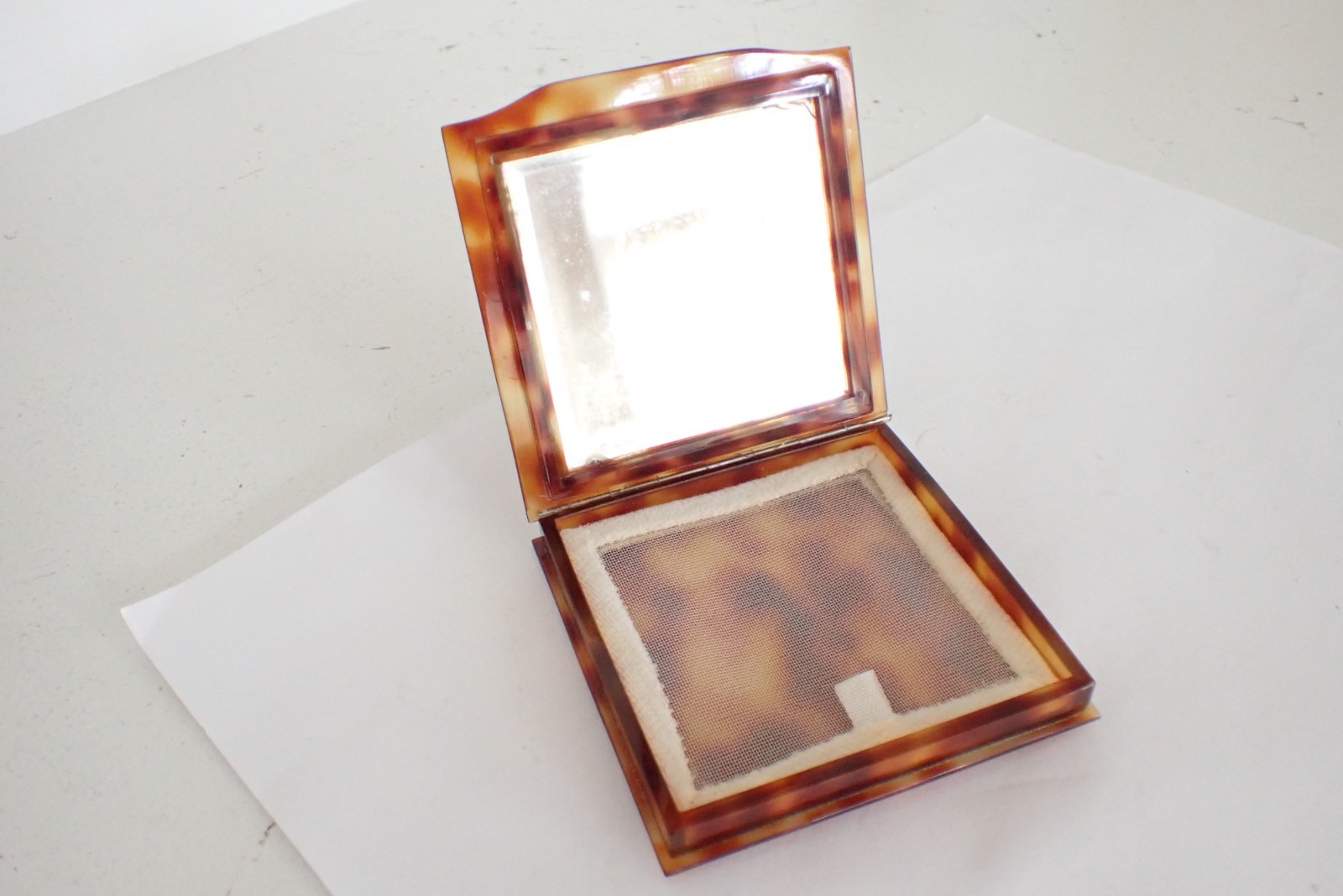 Vintage Art Deco Celluloid Turtle Shell Square Compact w/ Rhinestones