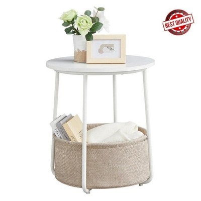 Small Round Side End Table Home Living Room Nightstand W/ Fabric Basket Sturdy