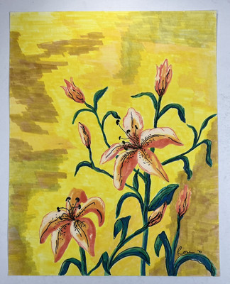 Orange Tiger Lillies Flower Still Life Mixed Media Drawing Folk Art 14x11 