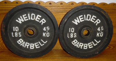 (2) 10 lb 4.5 kg Weider Barbell Weight Plates - 9'' Diameter - 1'' Diameter Hole