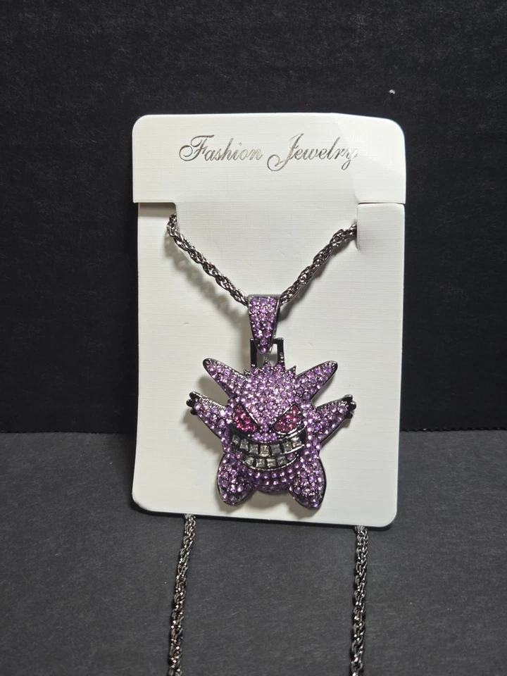 Gengar Pokemon Colgante Collar Púrpura Cadena Brillante Circonita Cúbica  Foto 3 de 4